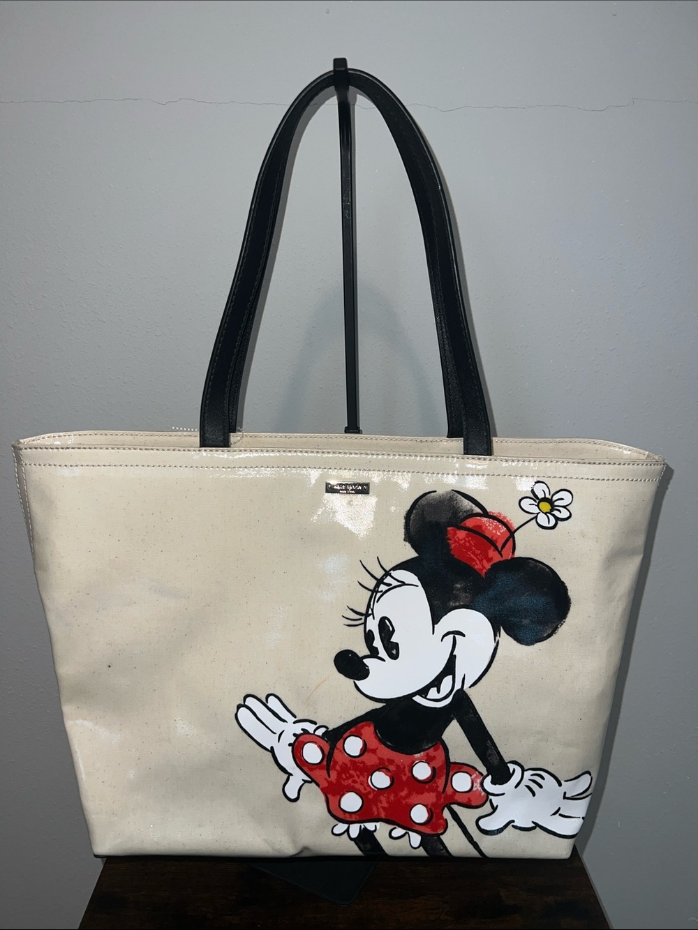 kate spade Cream Tote with Black Handles and Red Accents Featuring Minnie Mouse